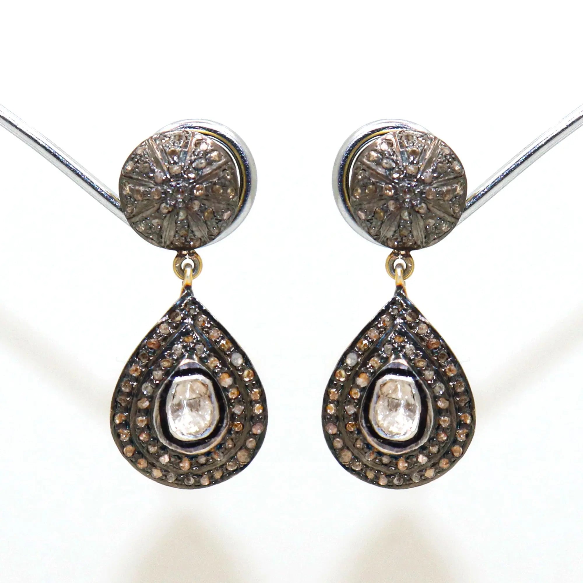 Victorian Era Two Tone Plated Uncut Diamond Polki With Diamond Earring Jewelry VJewels