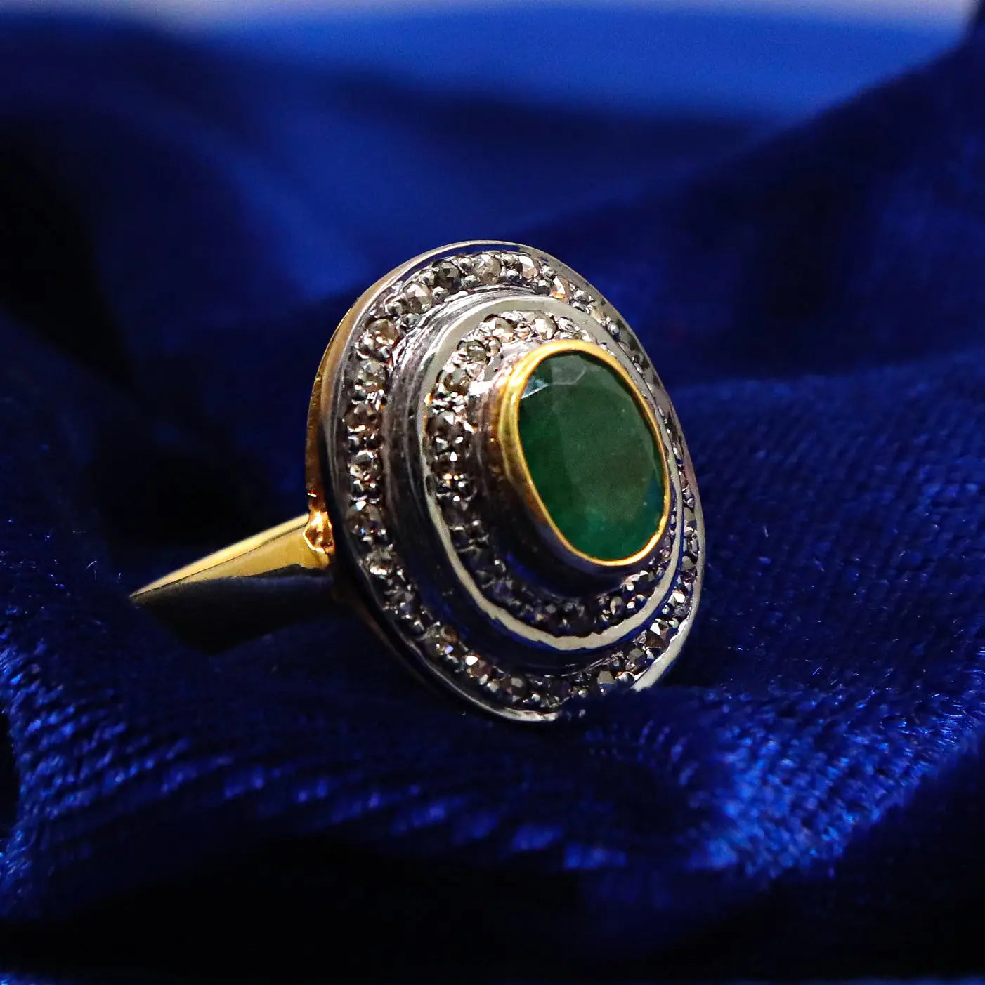 Vintage Era Emerald Gemstone With Diamond Two Tone Ring Jewelry VJewels