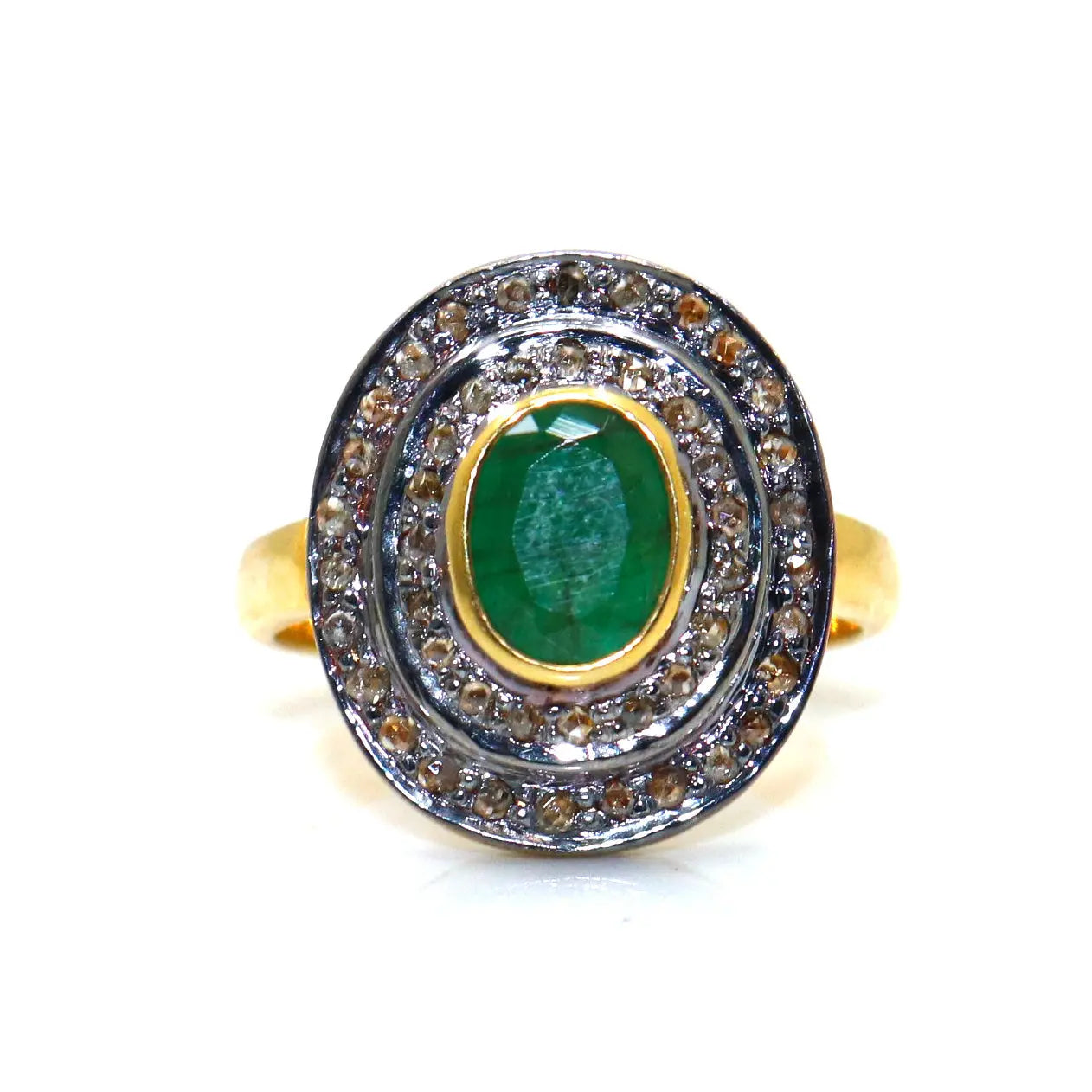 Vintage Era Emerald Gemstone With Diamond Two Tone Ring Jewelry VJewels