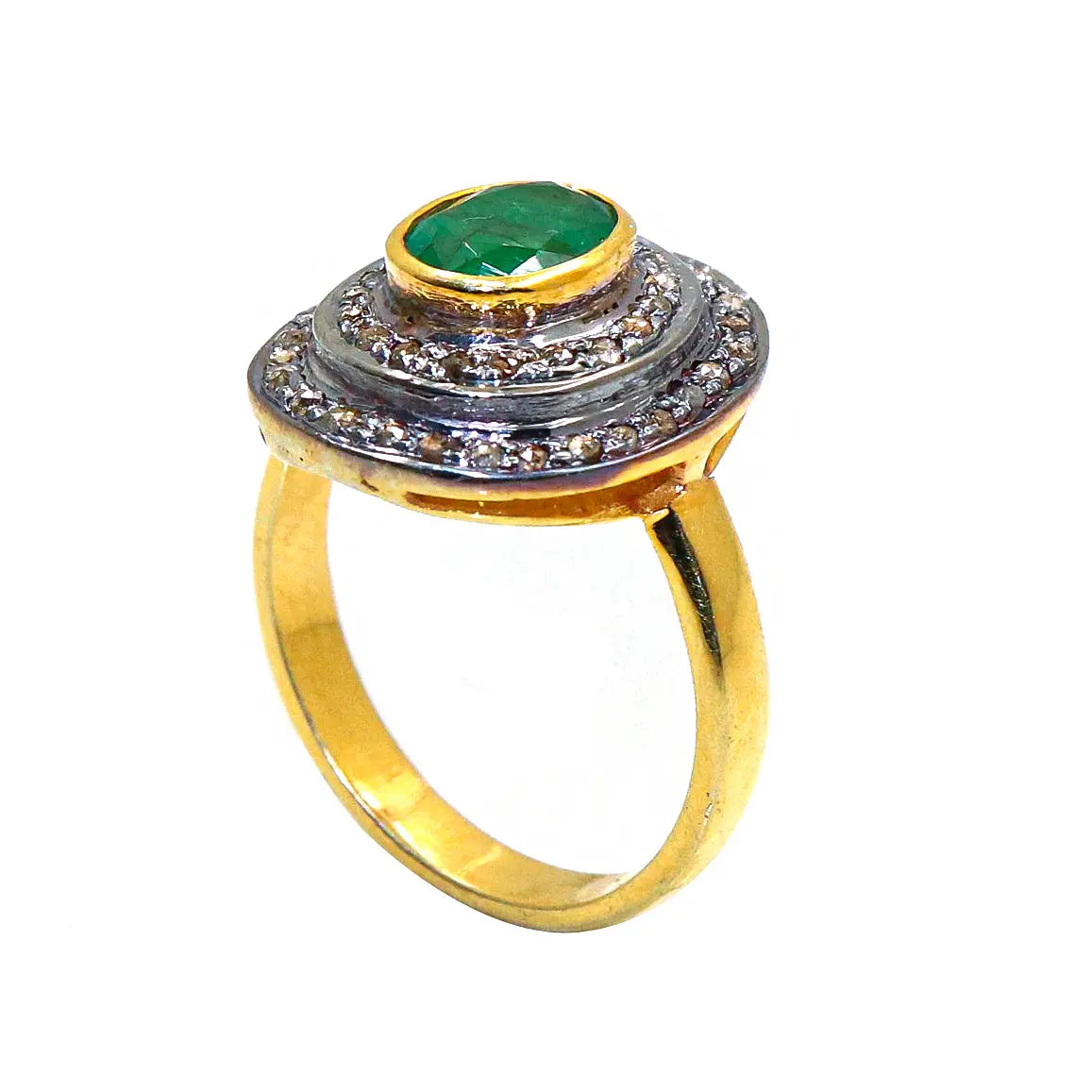 Vintage Era Emerald Gemstone With Diamond Two Tone Ring Jewelry VJewels