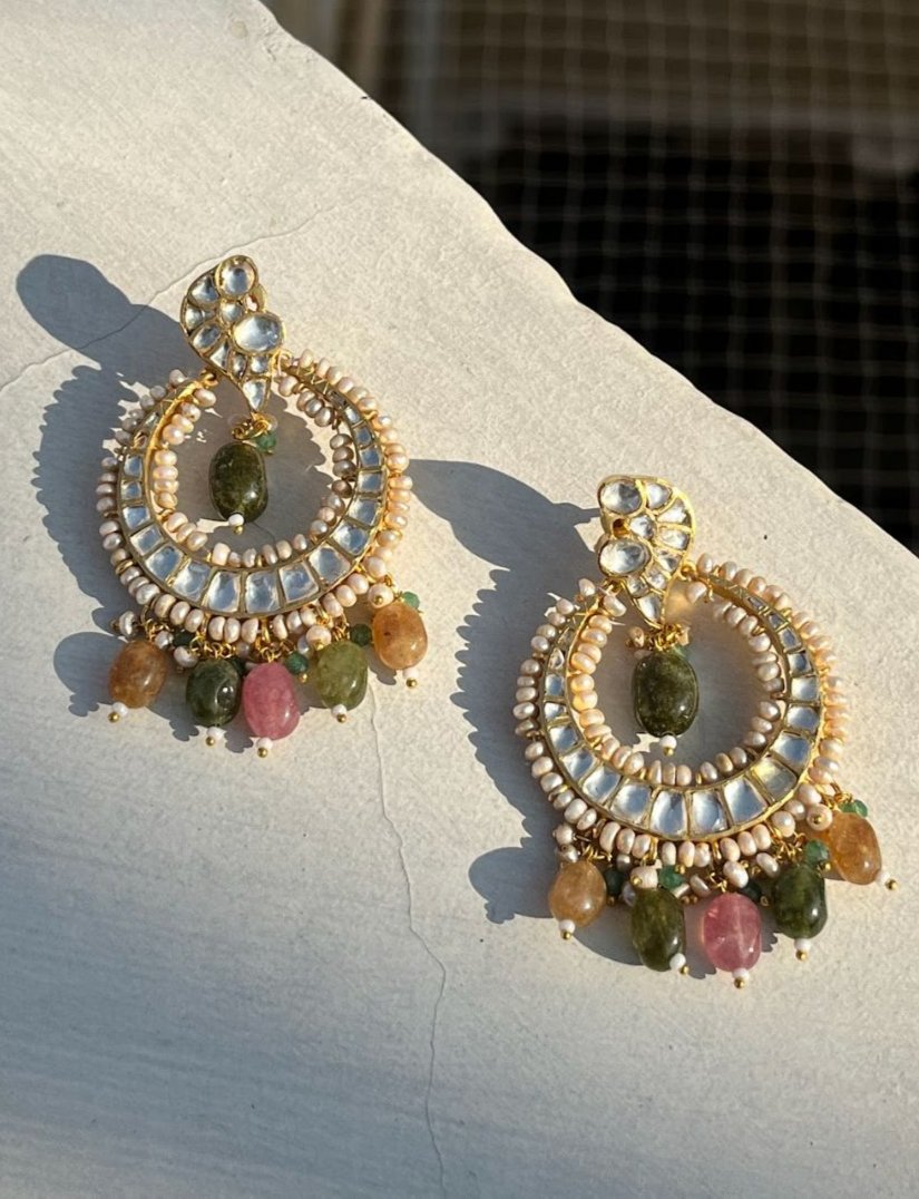 Gold Plated Moissanite and Multi Tourmaline Gemstone Bridal Earring